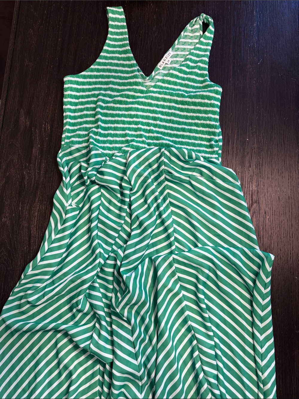 Green Striped V-Neck Maxi Dress with Smocked Bodice